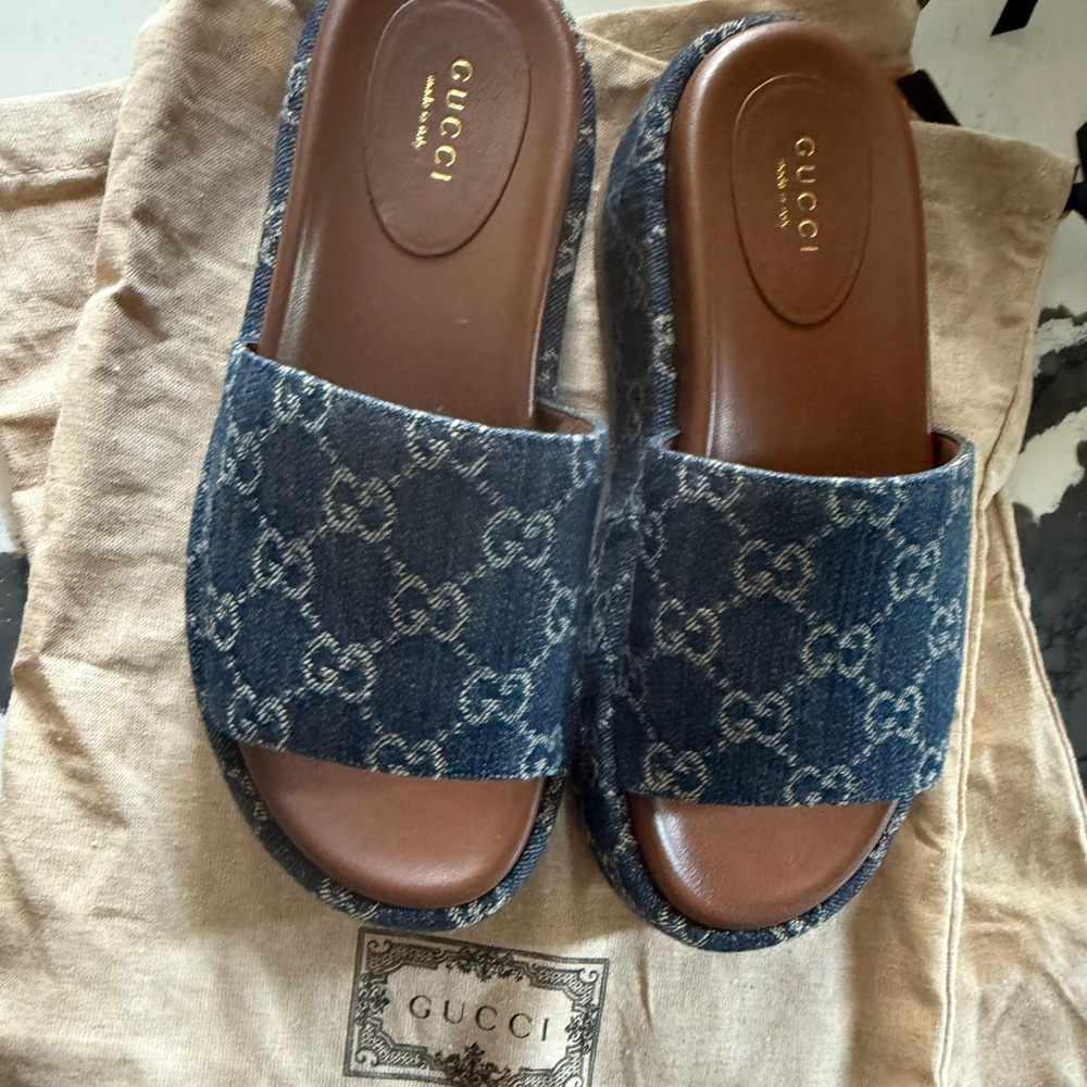 Gucci Blue and Brown Sandals with Monogram Pattern